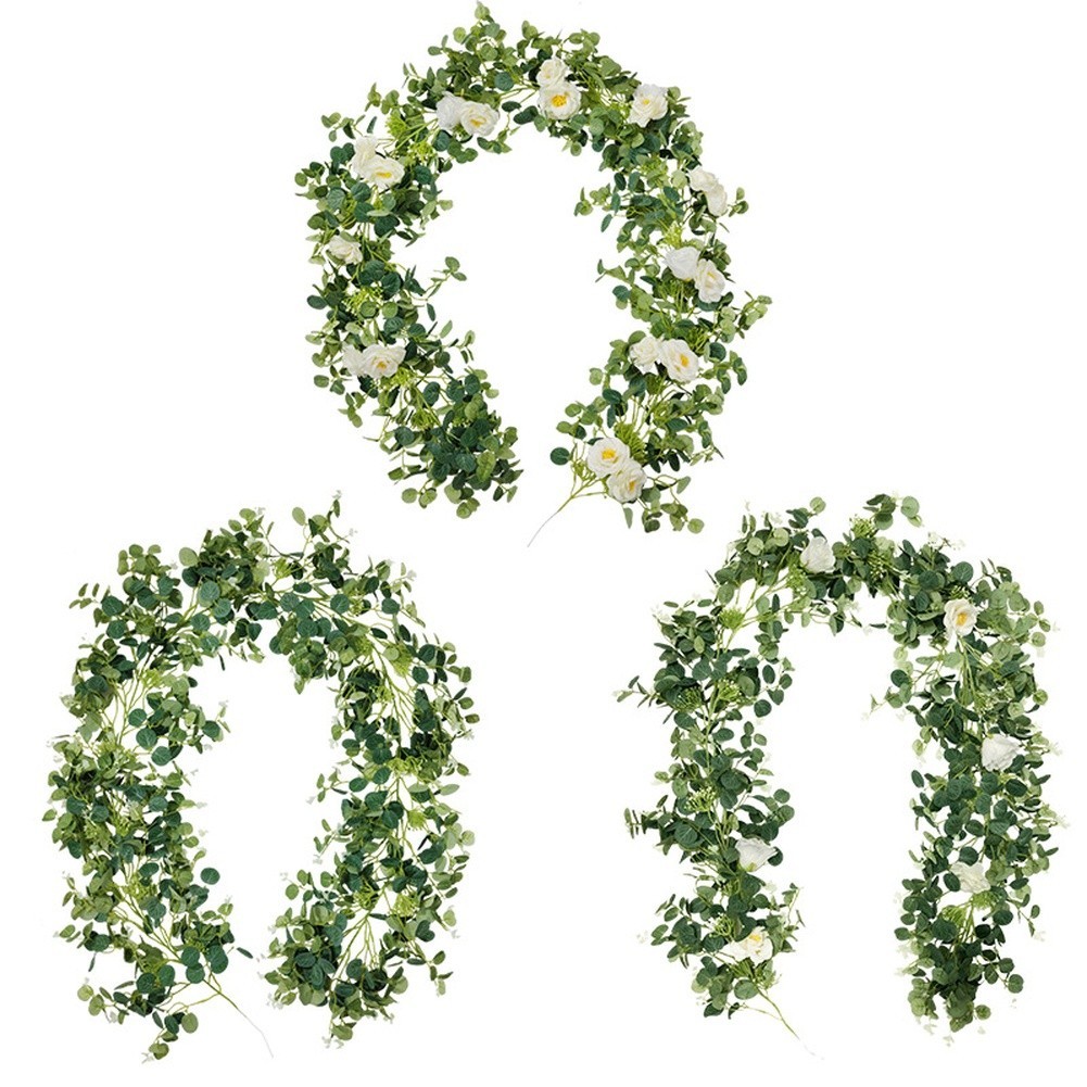 Artificial Acacia Vine 2M with White Faux Roses and Leaves for Weddings