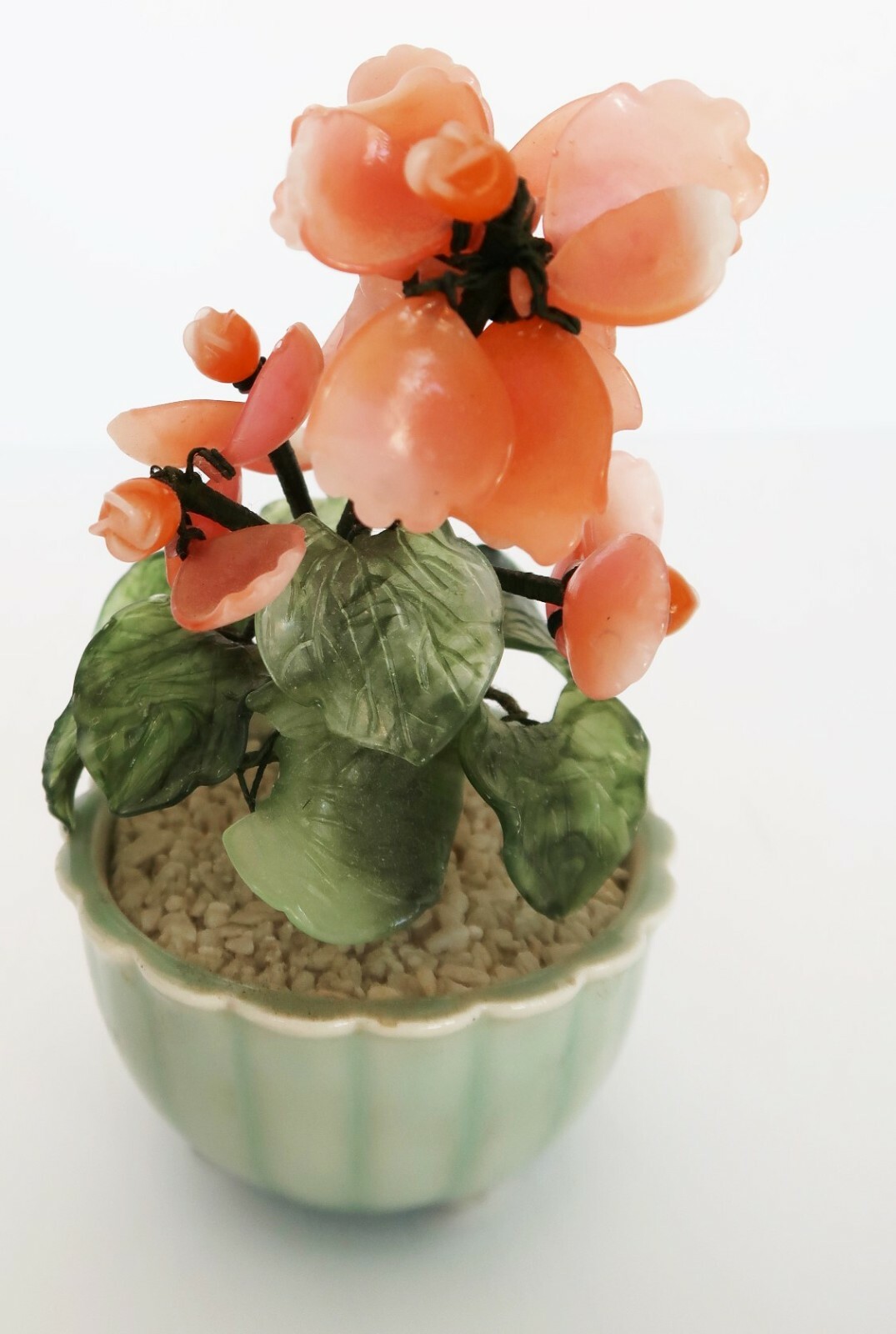 Vtg peach & green glass hand crafted artificial floral potted plant bonsai tree
