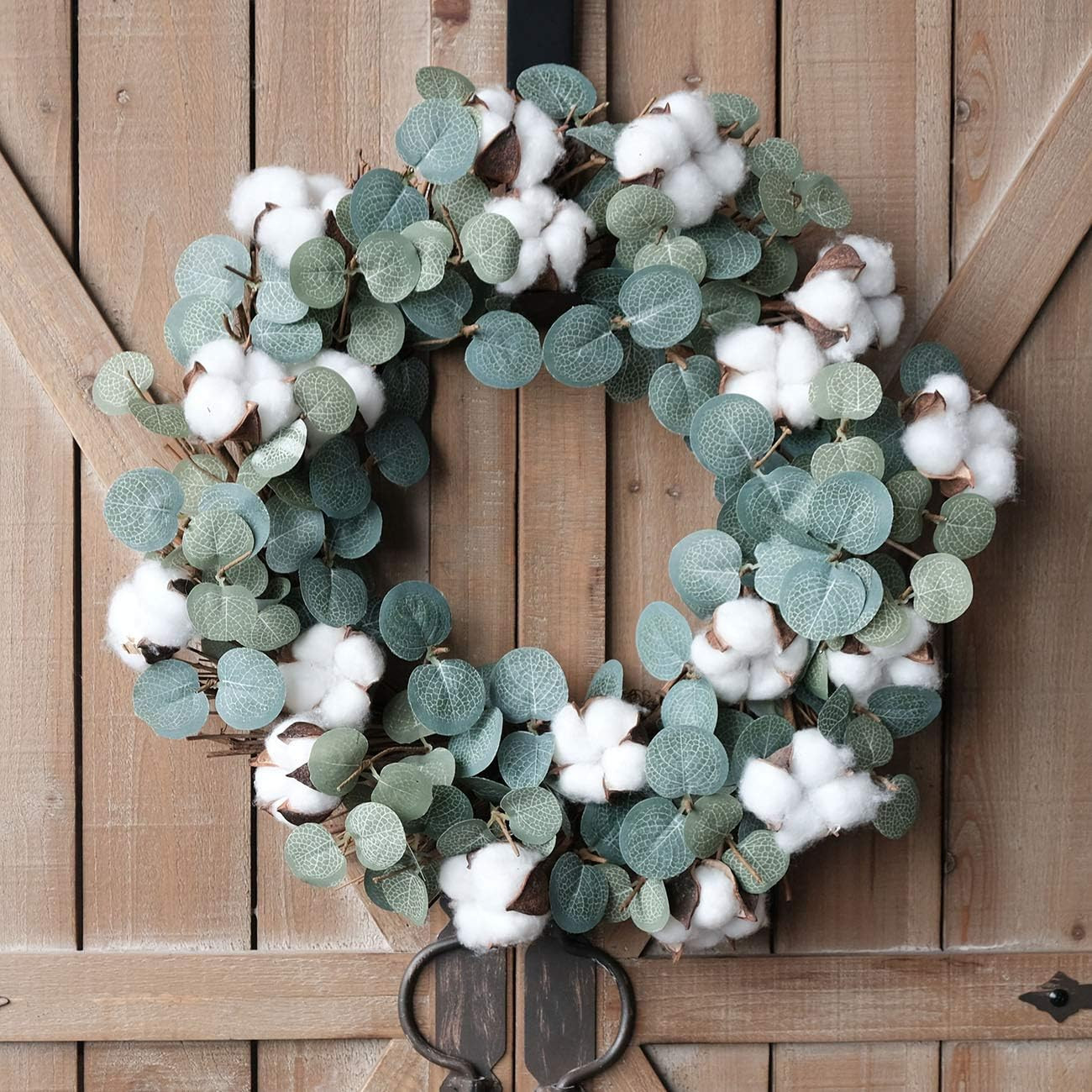 Eucalyptus and Cotton Wreath, 14 Inches Artificial Wreath on a Natural Twig Base