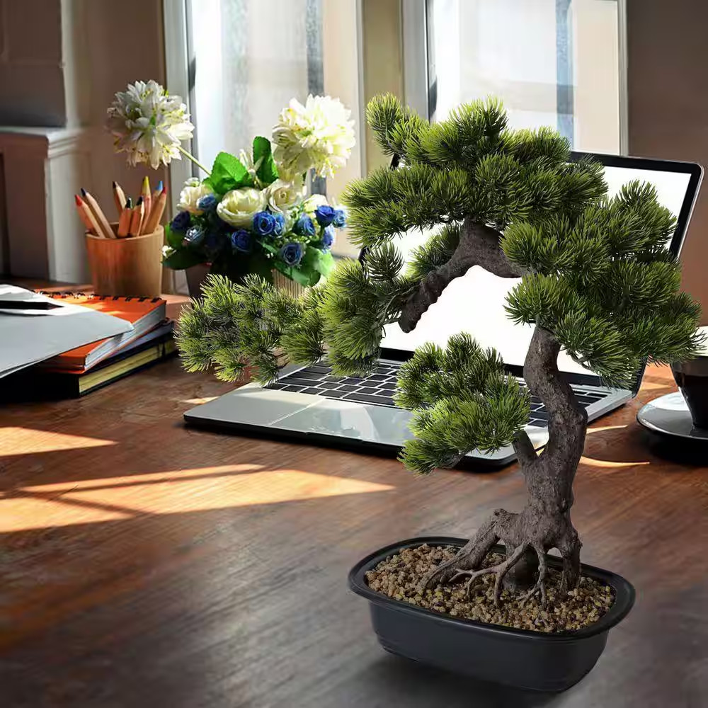 Artificial 20 In. Bonsai Pine Tree in Ceramic Pot, Faux Juniper Greenery Indoor