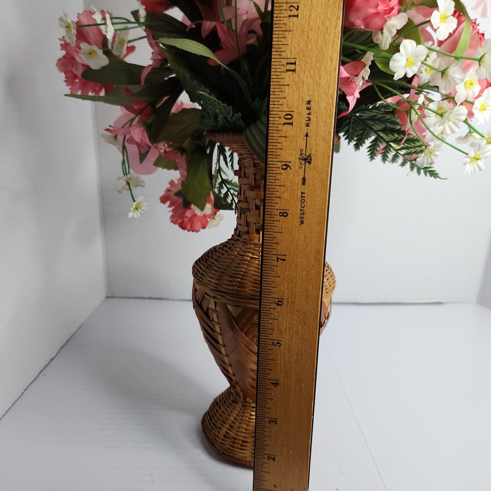 Vintage Woven Rattan Bamboo Vase w Faux Floral Arrangement Boho Cottage Decor