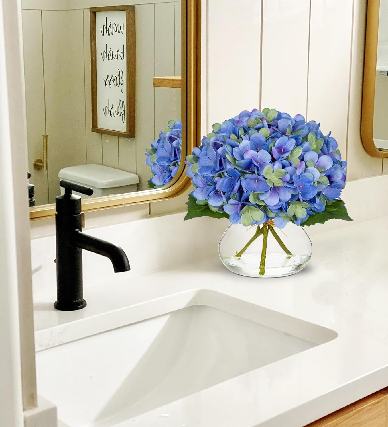 Hydrangea Artificial Flowers with Glass Vase Blue-Green Silk Faux Flowers Arrang