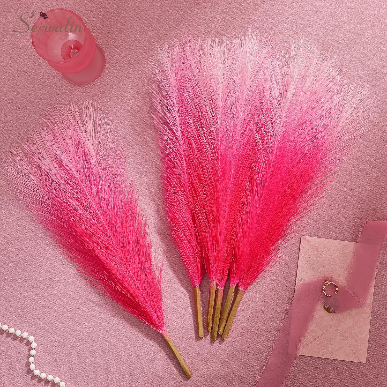 Gradient Hot Pink Pampas Grass Decor,17.7 Inch 6 Pcs Artificial Fluffy Pampas…