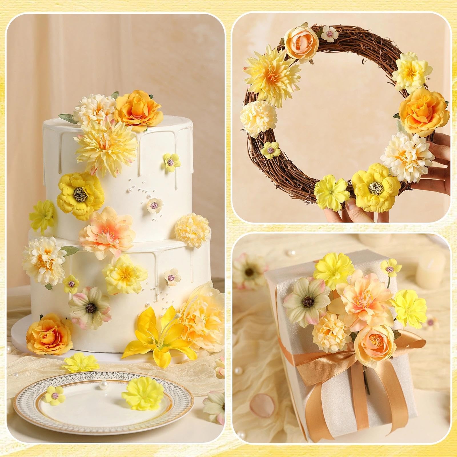 48 PCS Artificial Flower Heads Combo Yellow Silk Bulk Faux Rose Wedding Decor