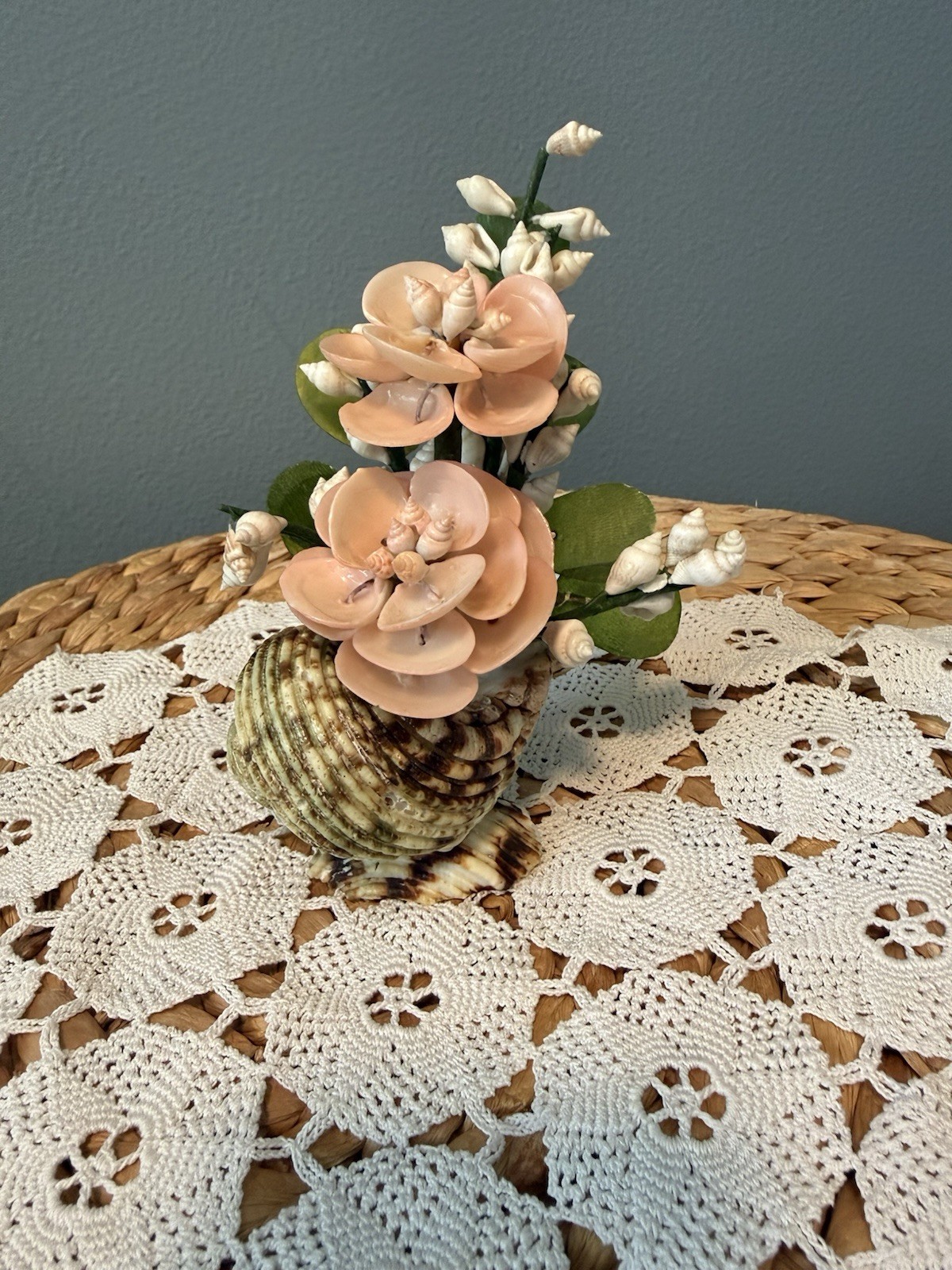 Vintage Pink Seashell Flower Arrangement Shell Art Floral Decor 6” Coastal Beach