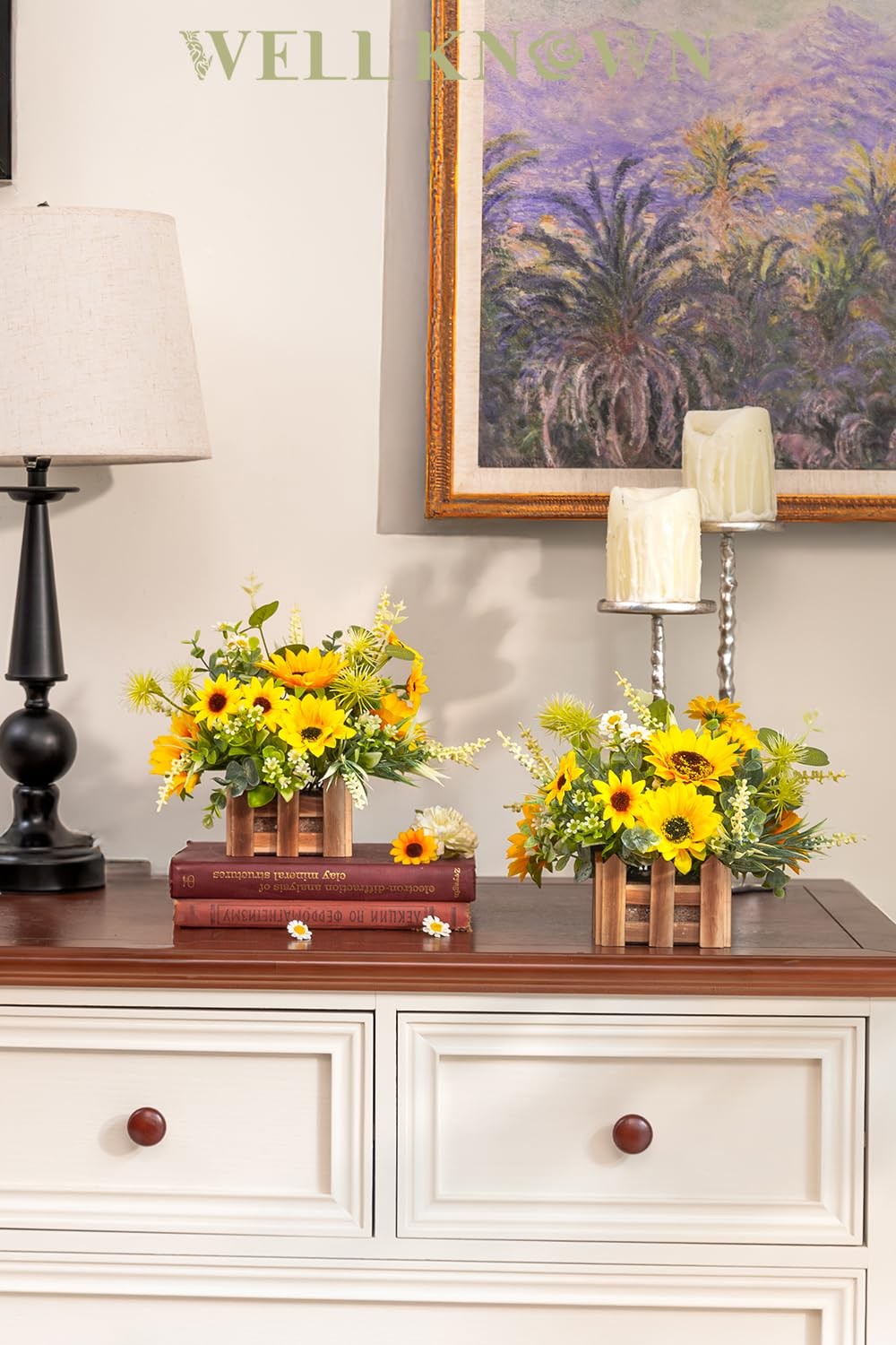 2 PCS Artificial Sunflower Plants Wooden Baskets Faux Flowers Arrangement