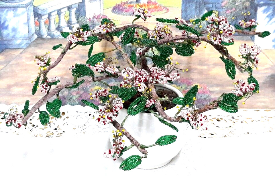 Vintage Crafted Seed Bead Cherry Blossom Bonsai Tree Arrangement in Ceramic Pot