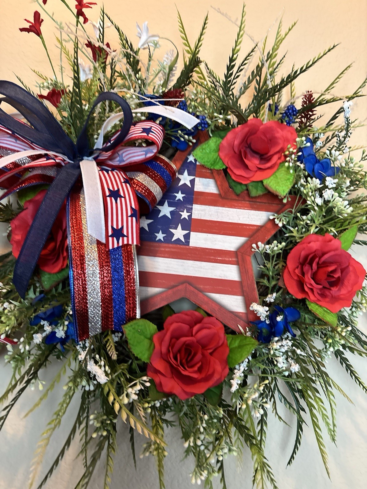 Patriotic Wreath USA Flag Red White Blue Front Door Decor Bow