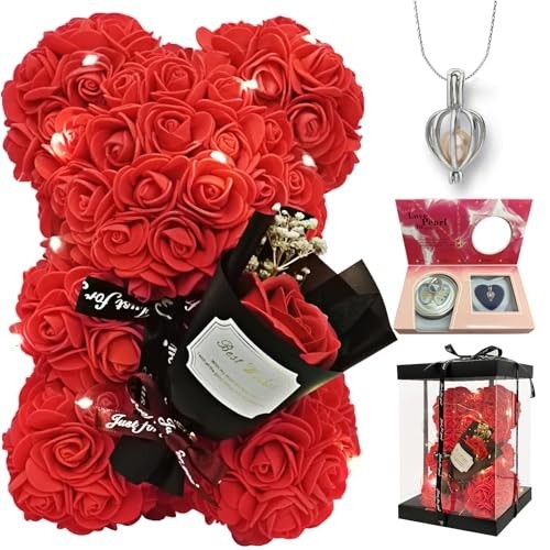 Artificial Flower Rose Teddy Bear with Preserved Bouquet & Pearl Necklace – Perf