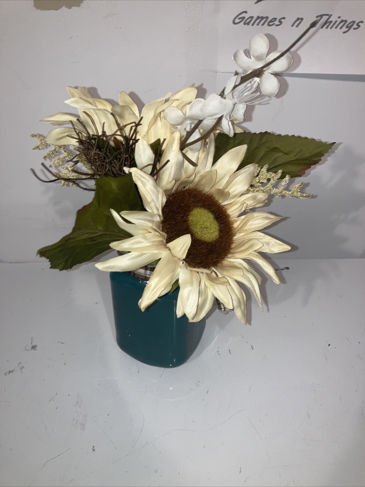 Floral Arrangement Sunflowers In Mason Jar Mug 11” Tall 5-6” Wide