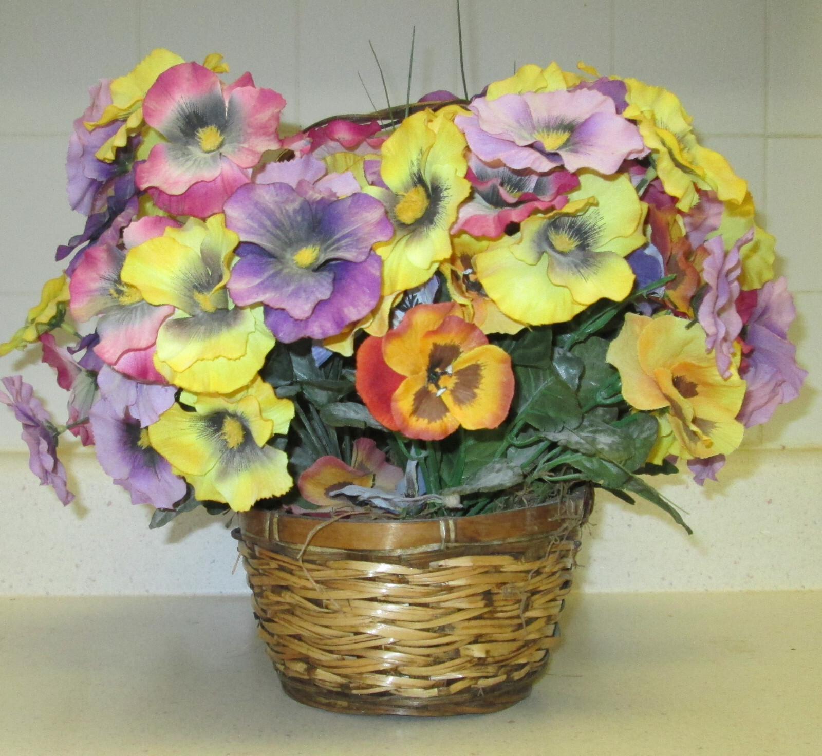 Artificial Woven Basket with Handle Planter Faux Indoor House Plant