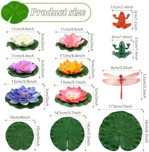 22 Pack Artificial Floating Foam Lotus Flowers with Artificial Frog Lotus Leaves