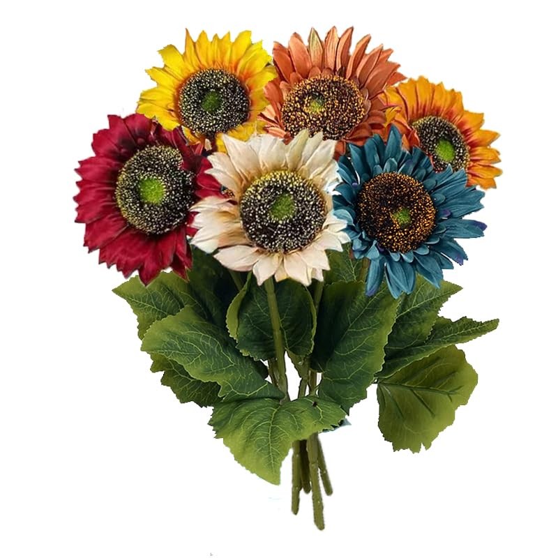 6pcs Artificial Sunflowers Six Colors Fake Sunflowers Bouquet Vintage Fake Si…
