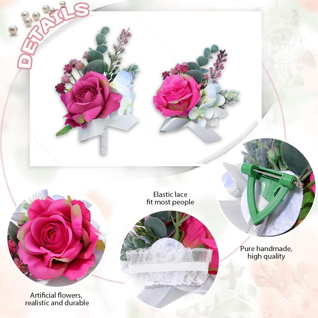 Pink Wrist Corsage Boutonniere Set Prom Wedding Bridesmaid Groom Accessories