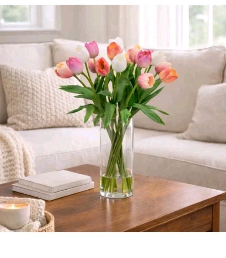 TULIPS FAKE ARTIFICIAL FLOWER FLORAL ARRANGEMENT SILK FLOWERS CERAMIC VASE NEW
