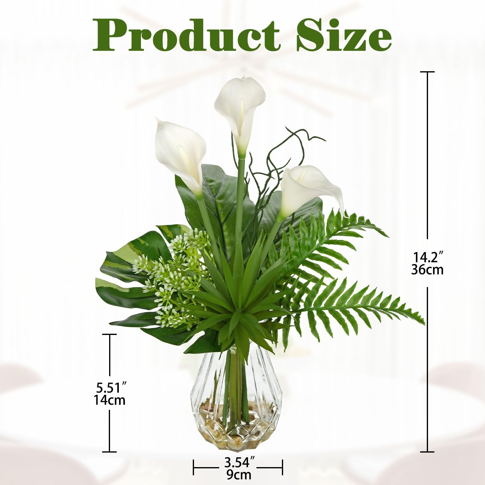 Fake Plants in Glass Vase with Stone and Faux Water, Mixed Palm Calla Lily Su…