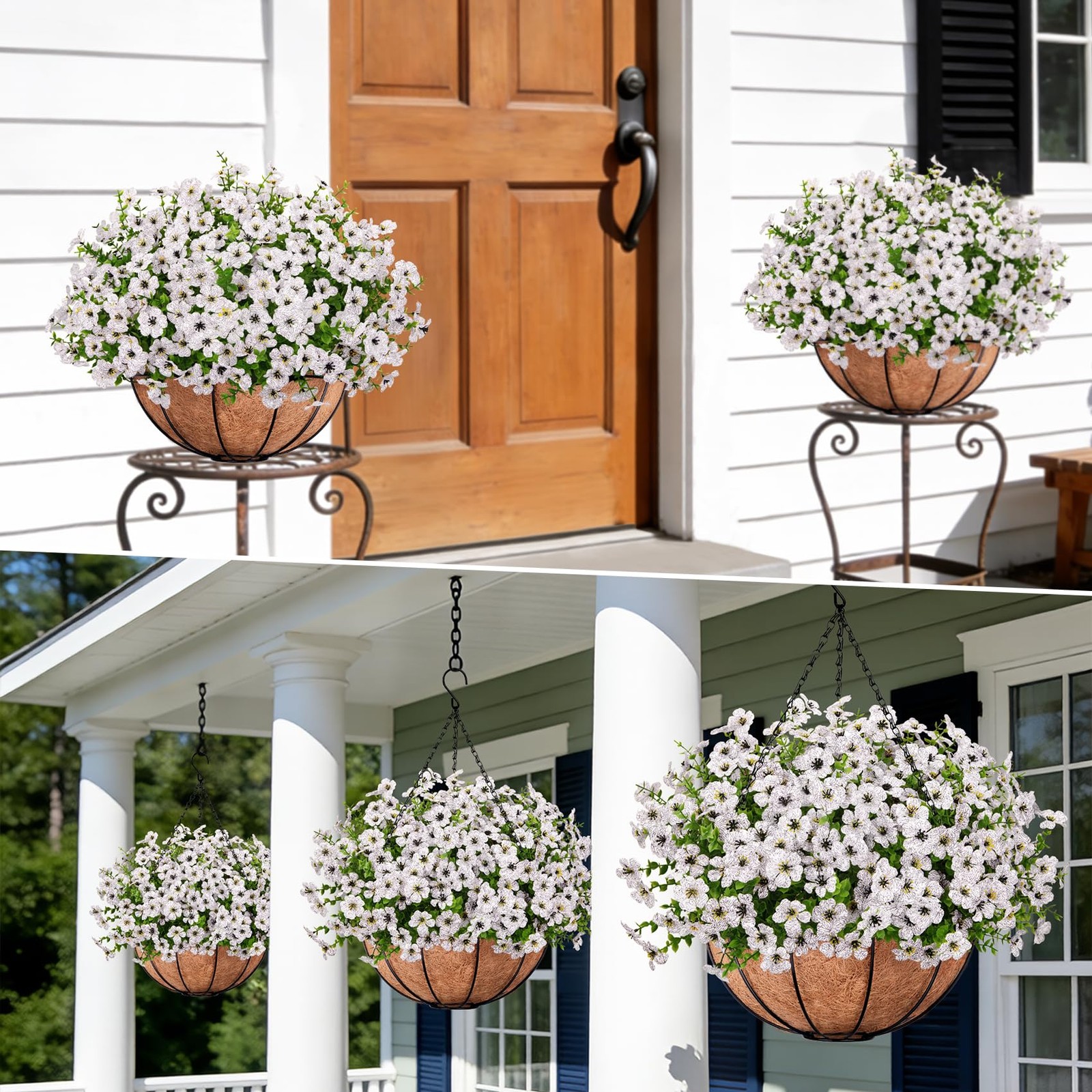 Roberly Artificial Hanging Flowers for Outdoors with Hanging Basket Fake Silk