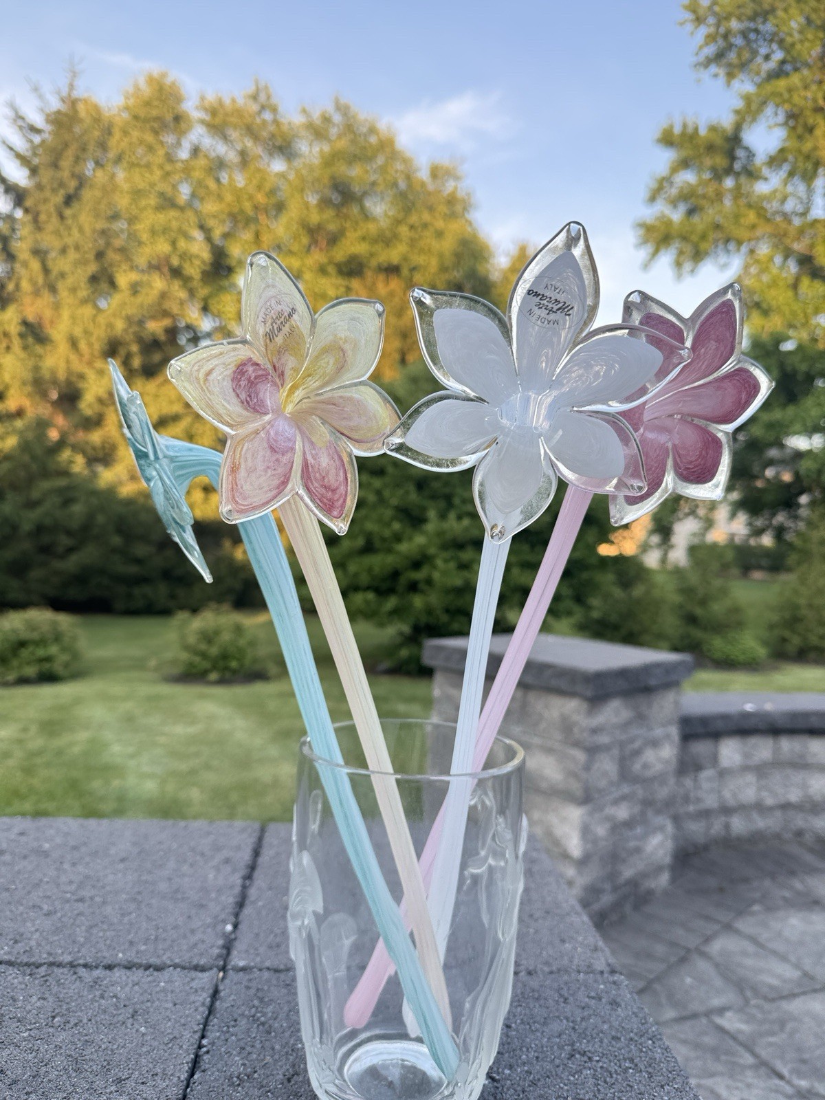 Arte Murano Italy Art Glass Flower Stems Hand Blown White Pink Blue 17.5″~4 Pc