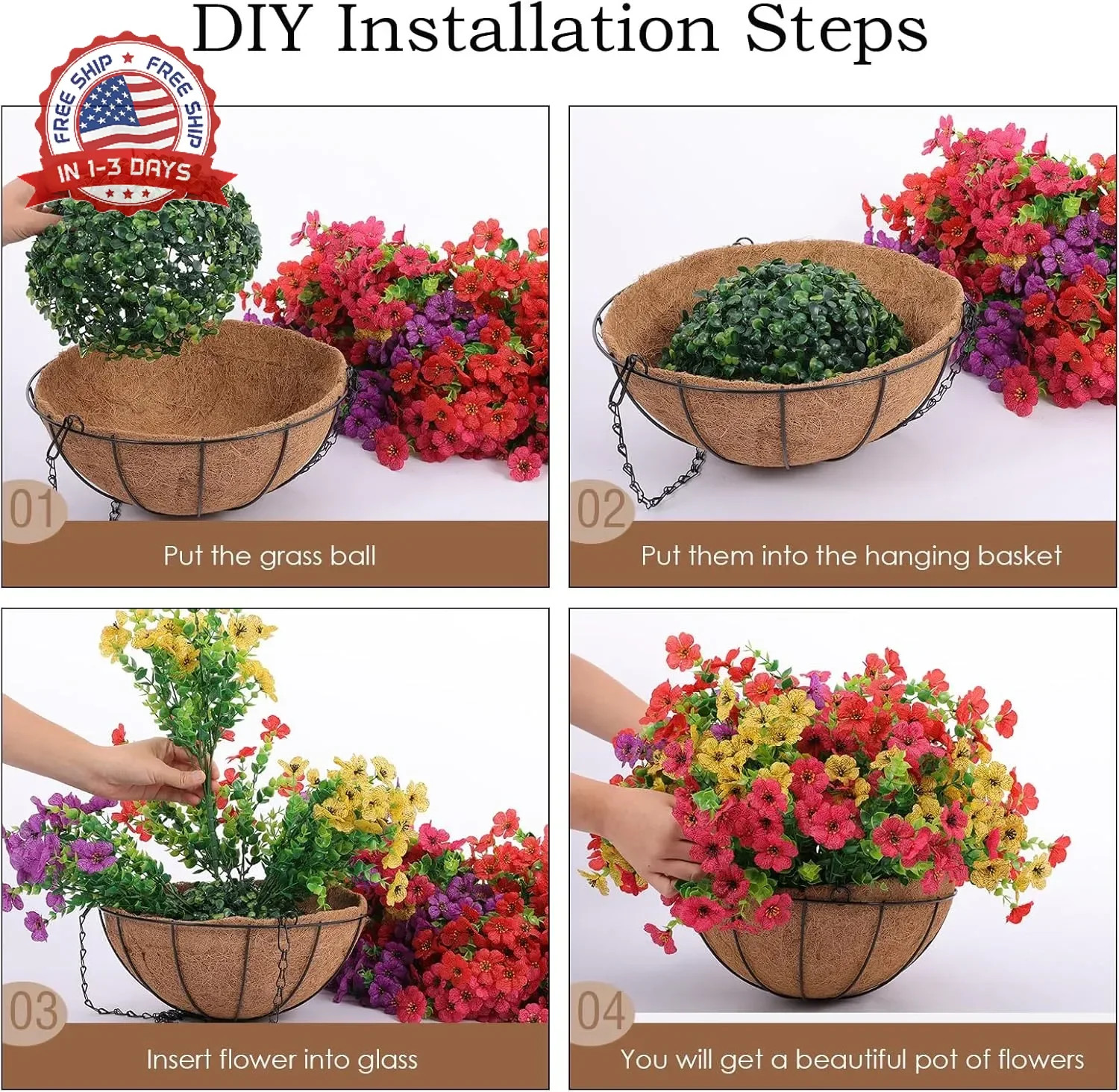 Hananona 2 Set Artificial Outdoor Flowers with Hanging Basket, 2 Hanging Planter