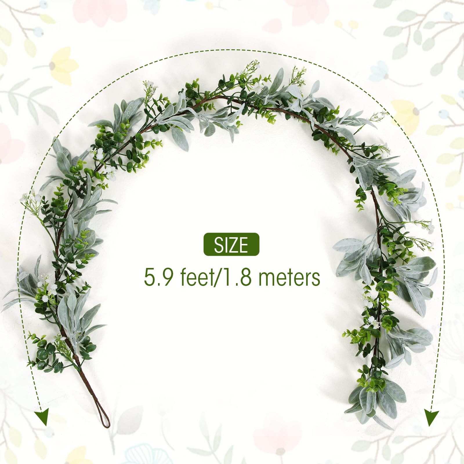 6 ft Artificial Eucalyptus Garland and Flocked Lambs Ear with Daisy Flower, E…
