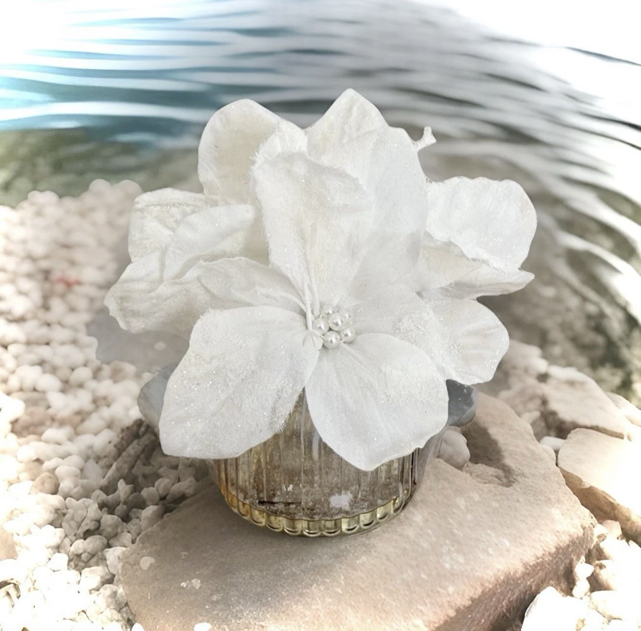 Nearly Natural White Poinsettia Faux Water Arrangement Christmas Decor Shabby