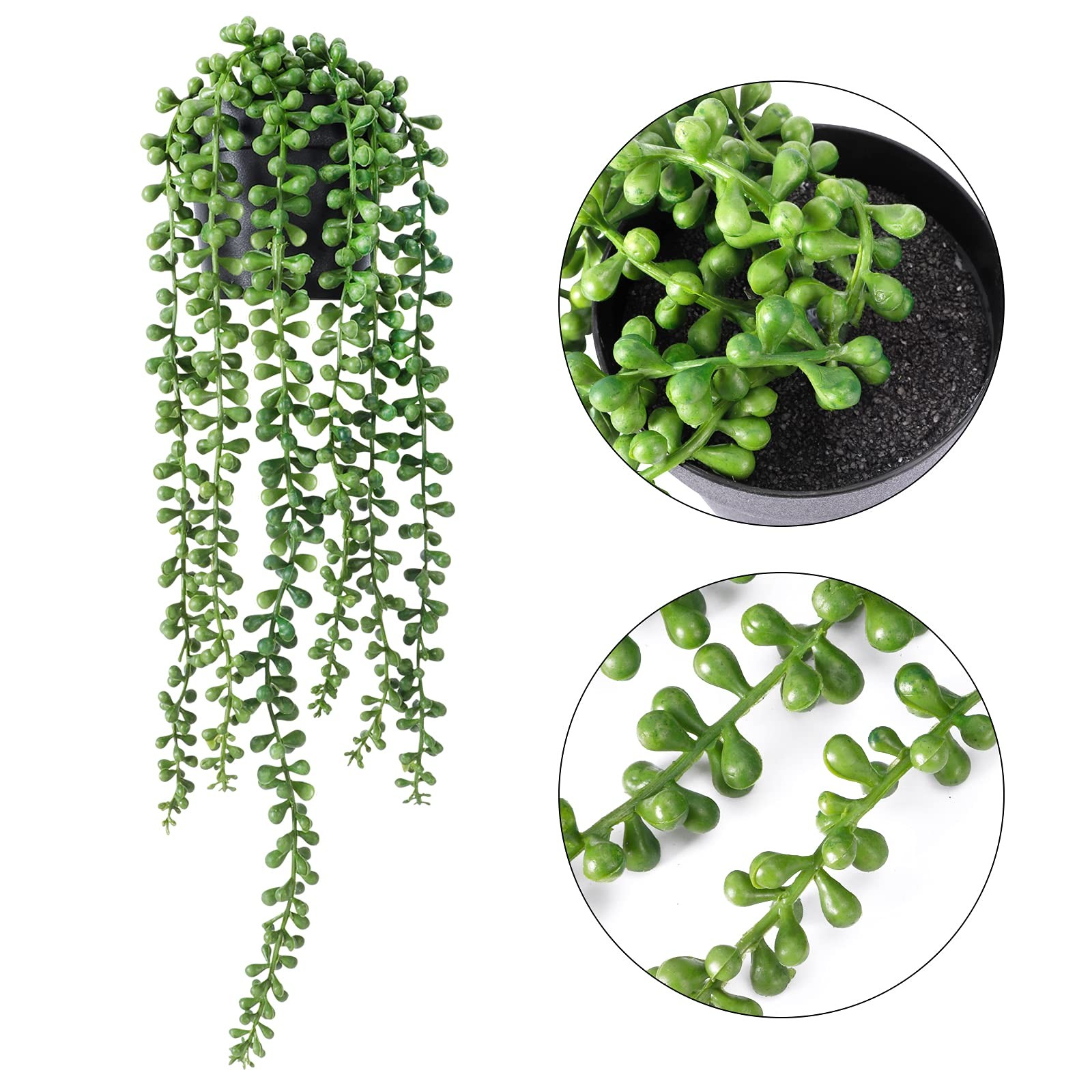 2 PCS Fake Indoor Plants, Artificial String of Pearls, Black Pots, Hanging Decor