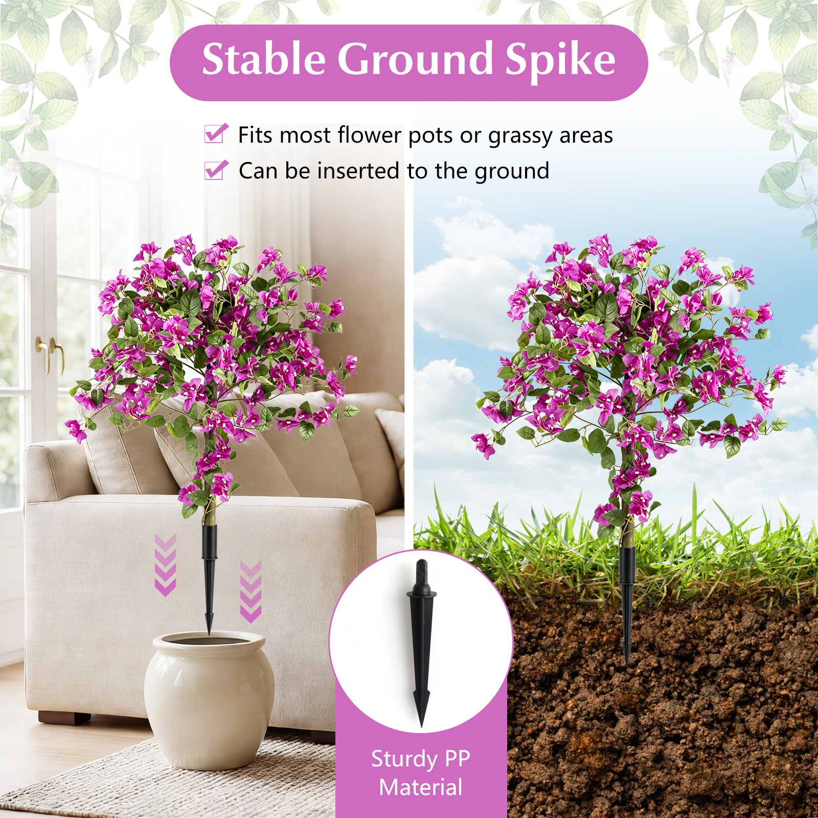 2 Pack Bougainvillea Artificial Trees w/Stable Ground Spike, PE Trunks for Porch