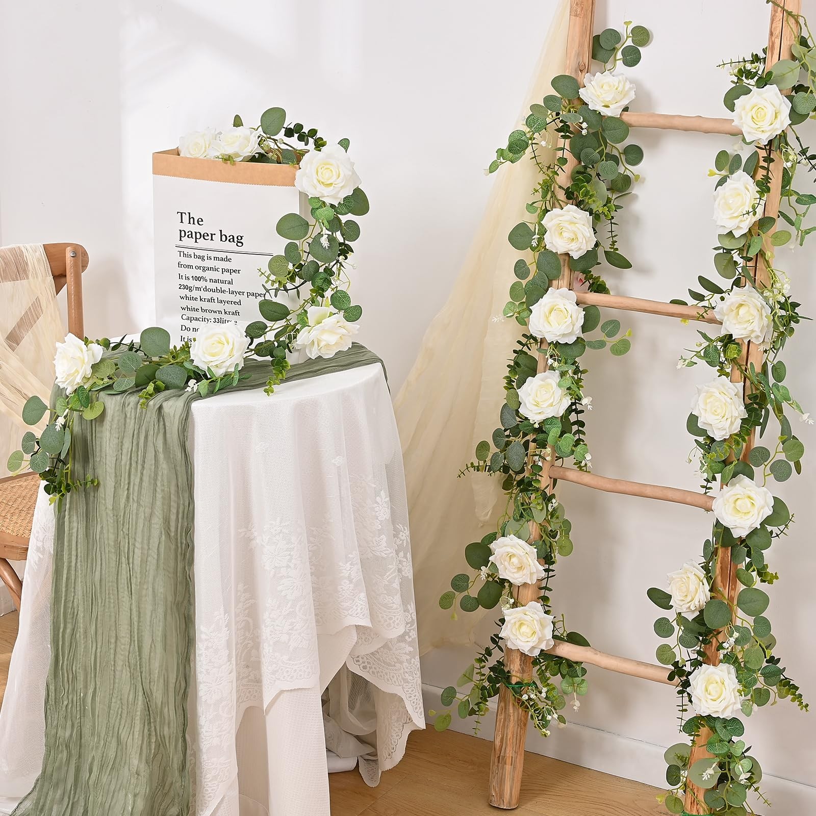 2Pcs 13 FT Artificial Flower Garlands Real Touch Fake Floral Silk White Rose …