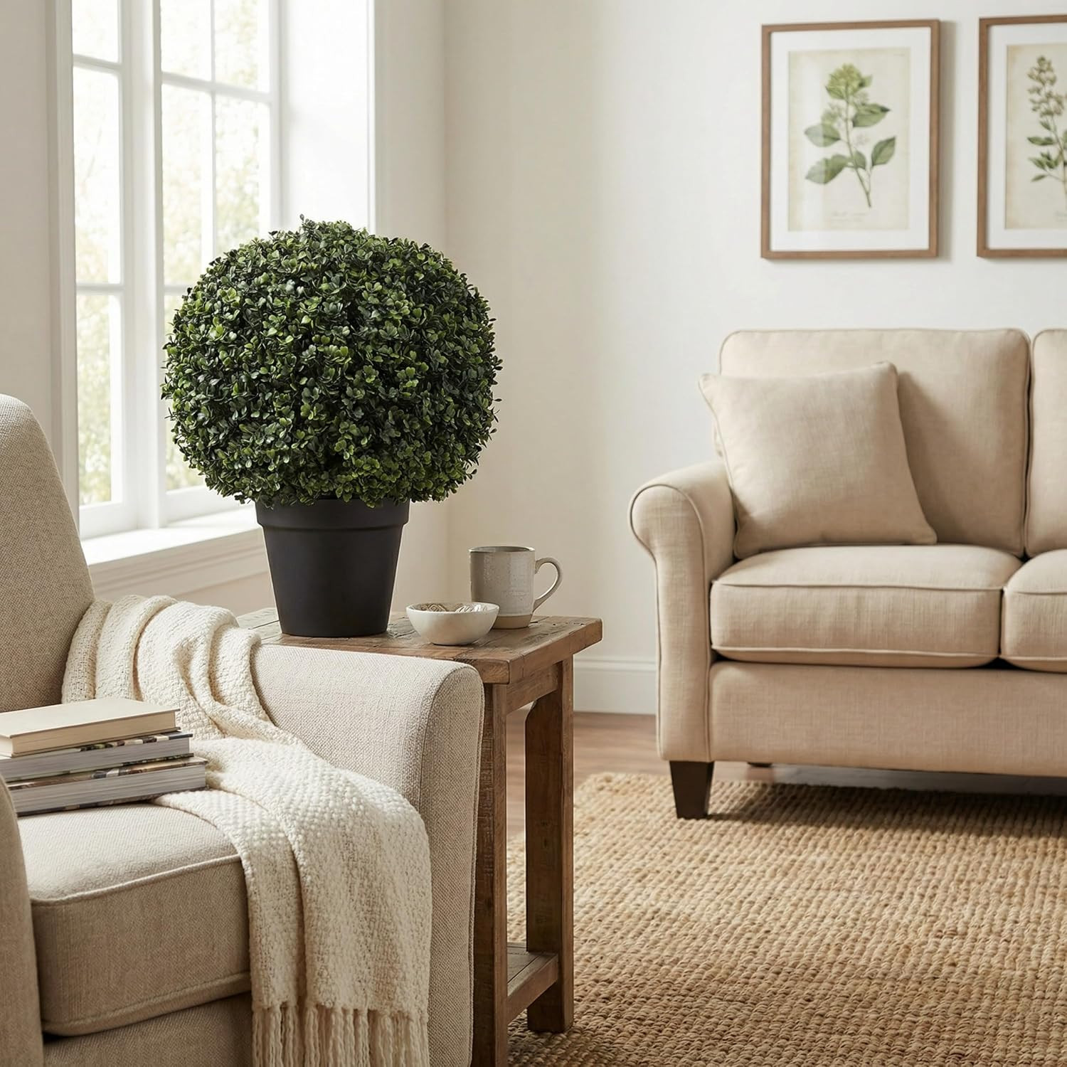 Artificial Boxwood Plant – 21-Inch Topiary Ball Faux Plant – Indoor or Outdoor U