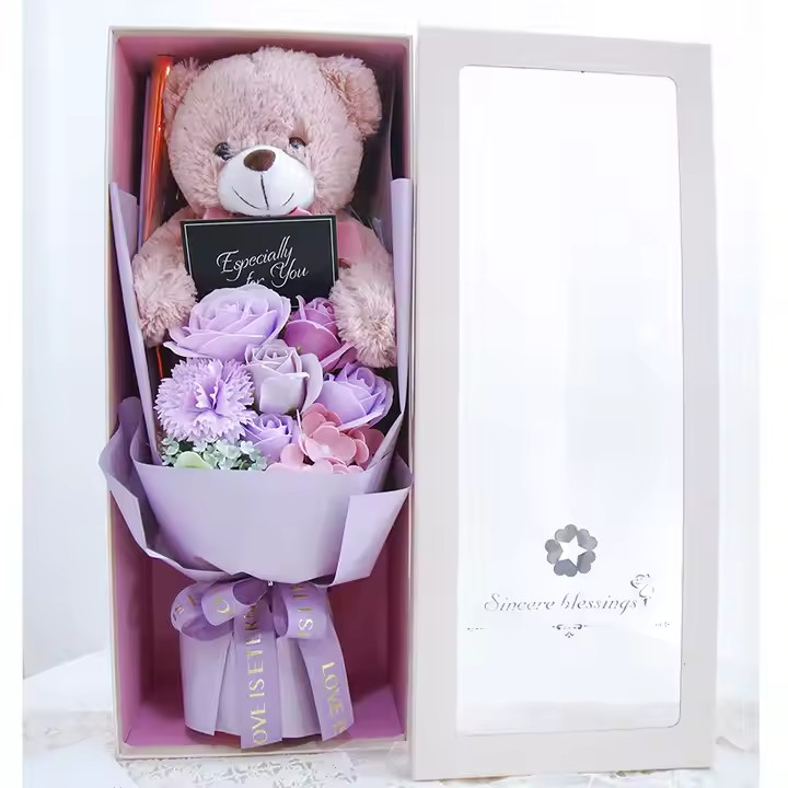 Plush Teddy Bear Bouquet Gifts Soap Rose Flower Gift Box w/ LED Valentine’s Day