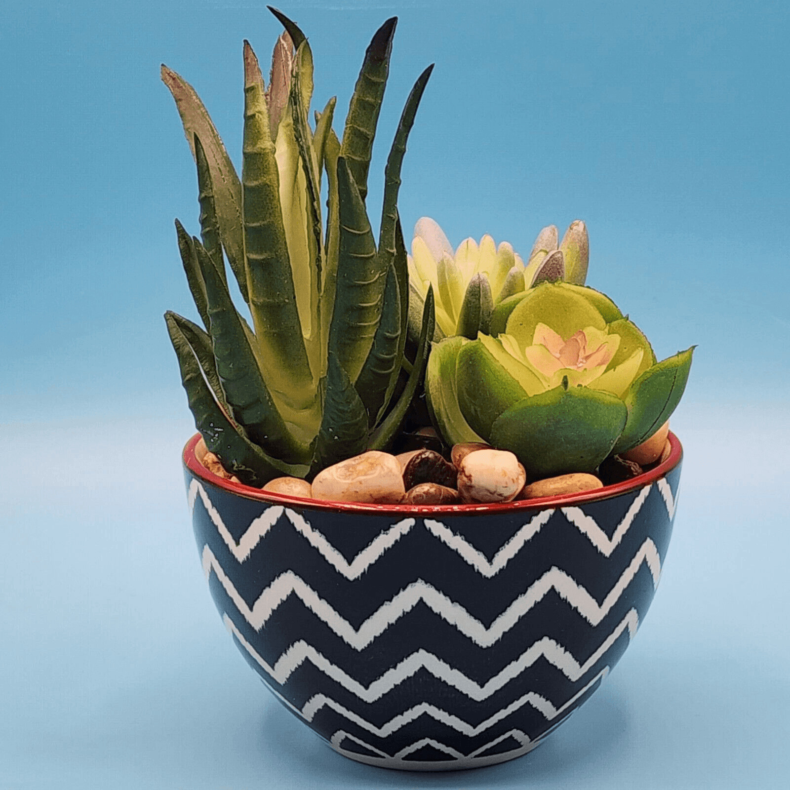 Faux Succulent Simulated Potted Plant Black White Red Chevron Pot Rock Accents
