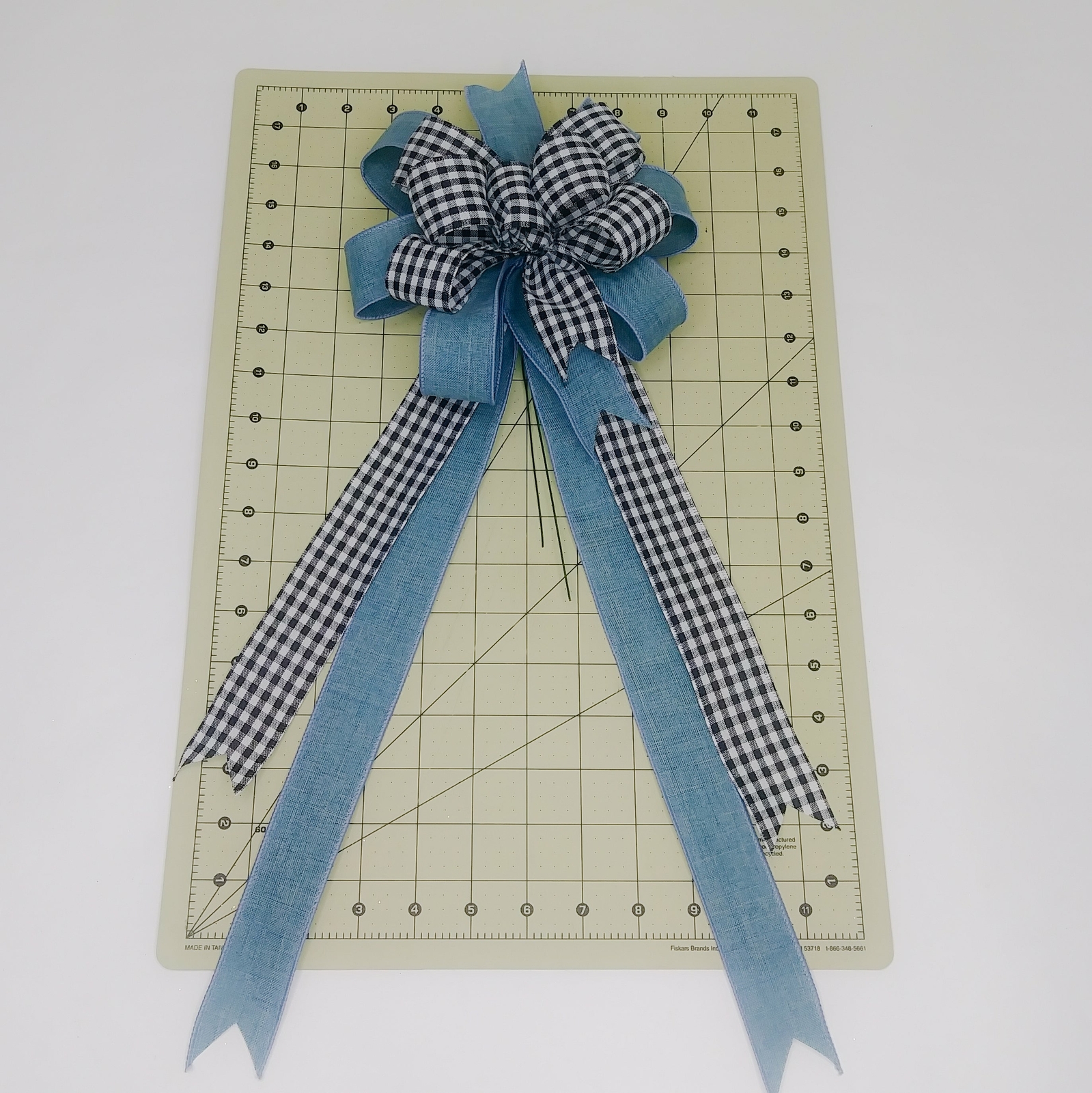 Wreath Bow, Denim Blue Linen, Black and White Gingham Check