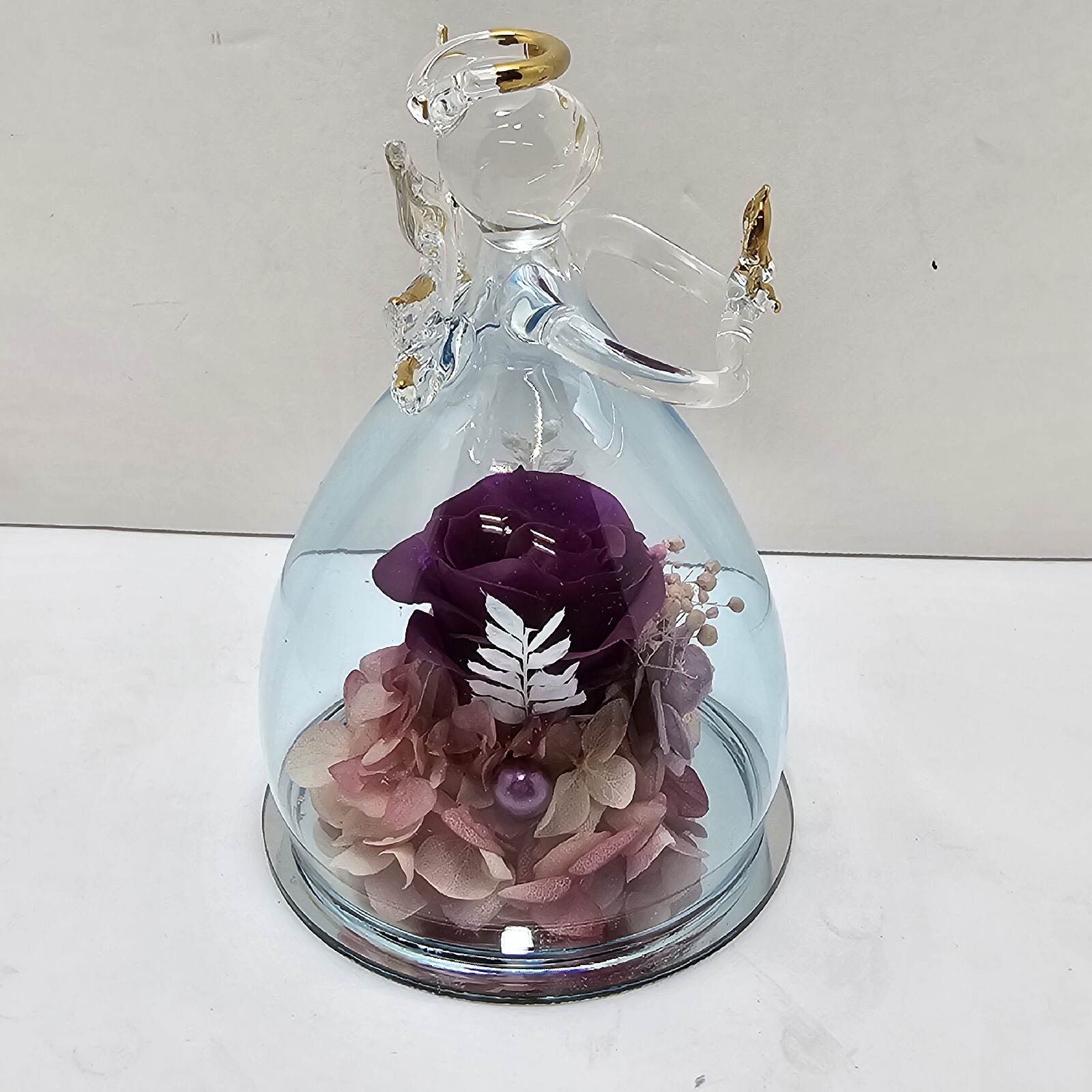 ANLUNOB Eternal Rose Glass Angel Figurine Purple Flower Hand Blown Sweetheart