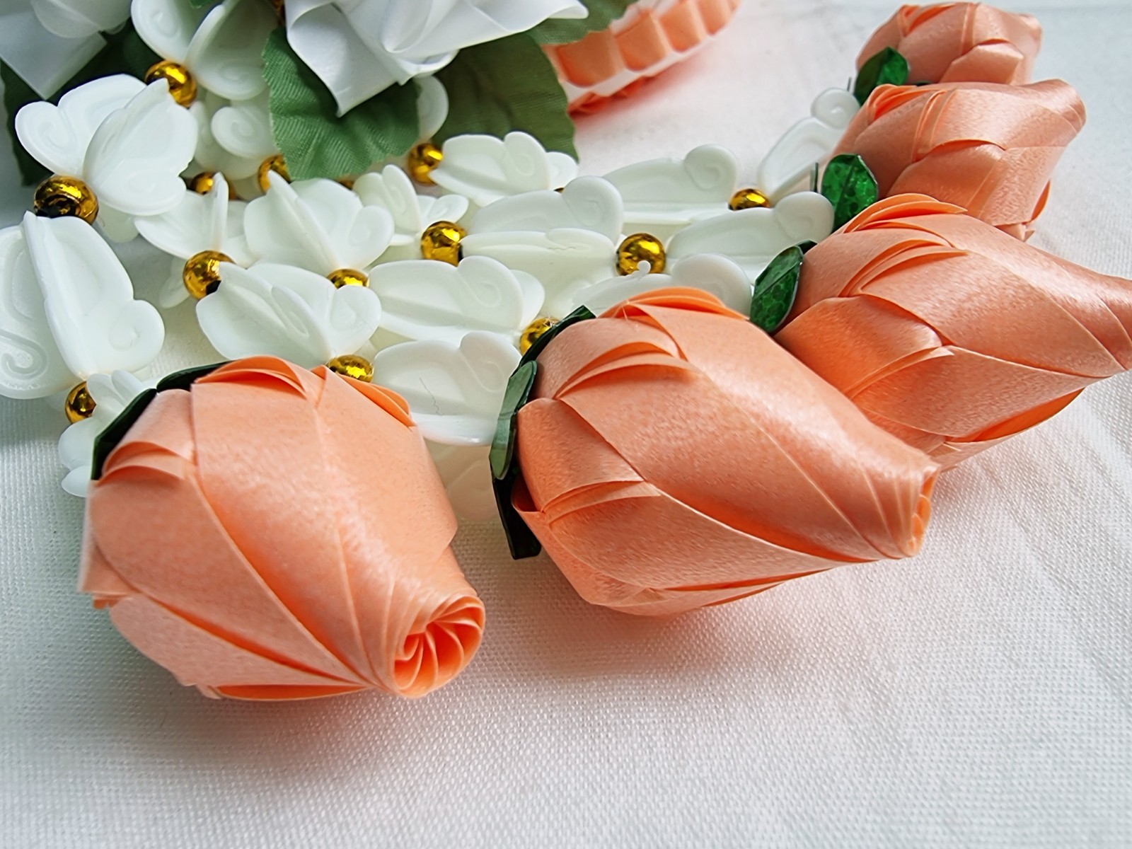 Ribbon folding art, Garland, Artificial Light Orange flowers made from plastic