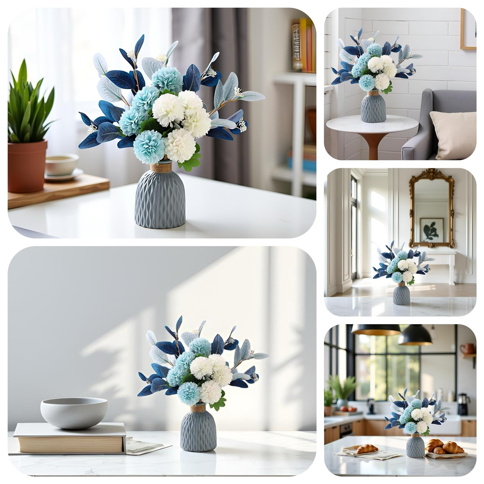 Blue Artificial Flower Bouquet in Ceramic Vase, White and Blue Ball Chrysanth…