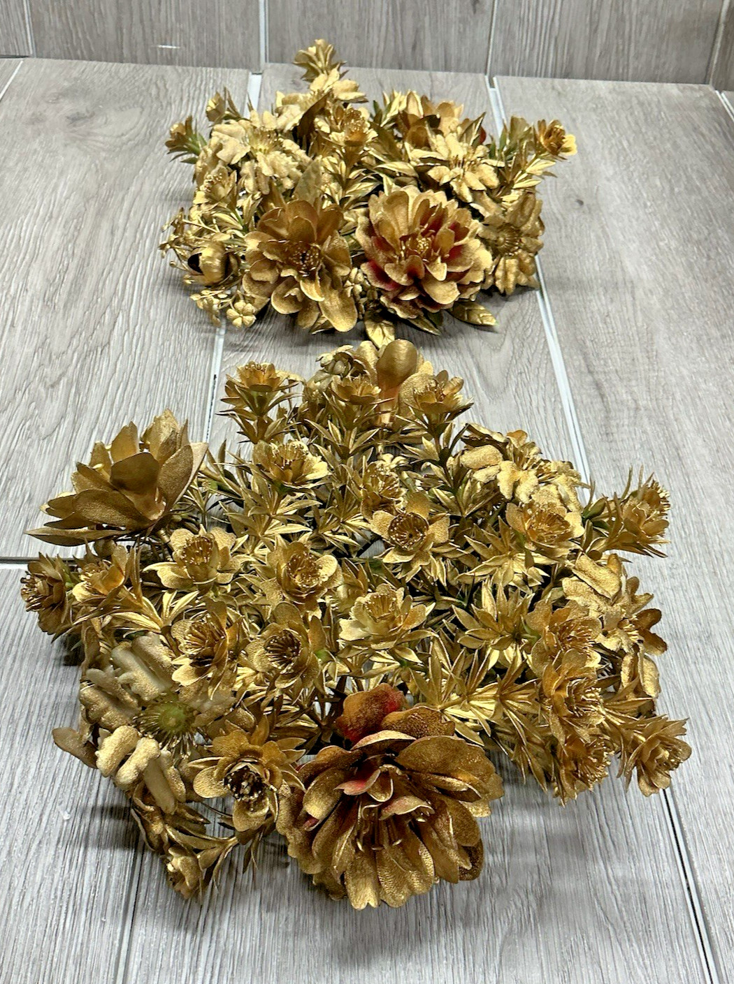 Vintage Pair 9″ Candle Ring Plastic Gold Greenery 3″ Pillar Centerpiece Chistmas