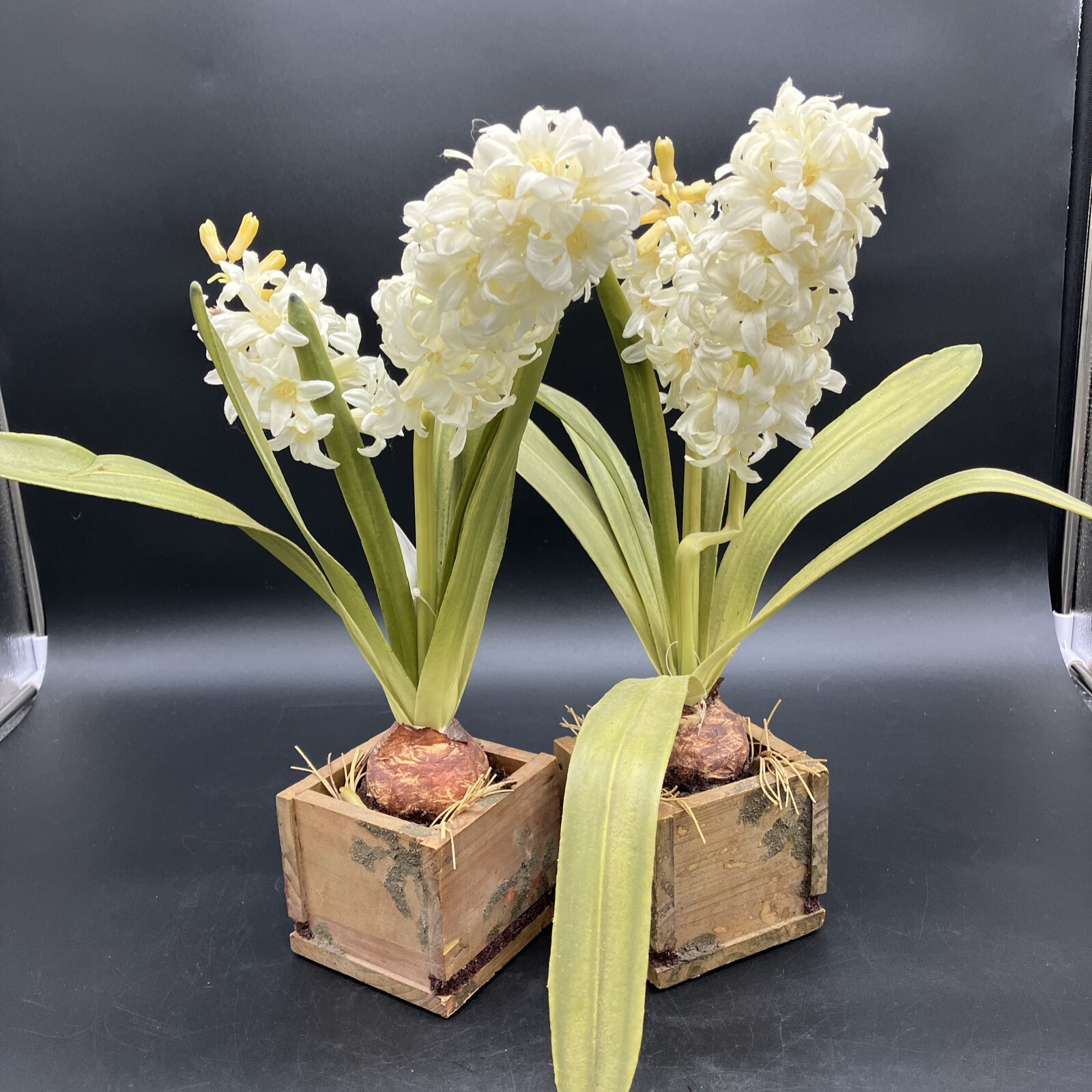 PAIR Faux Hyancinth Bulb And Stem WOOD Planter. Large. Nice.