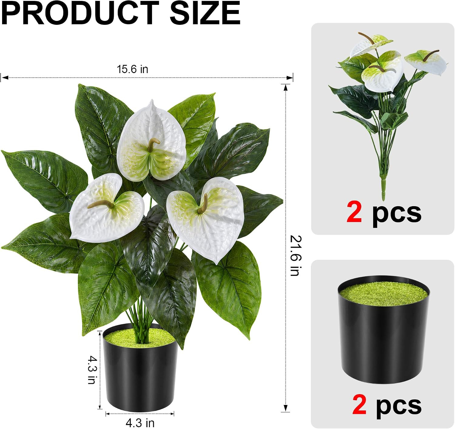 2 Pack Anthurium Artificial Flowers Plants with Pots for Indoor Outdoor Decorati