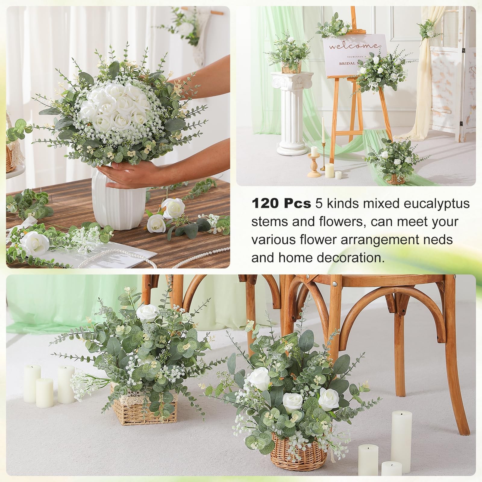 120 Pcs 5 Kinds Mixed Artificial Eucalyptus Stems, Rose Baby’s Breath Fake Fl…
