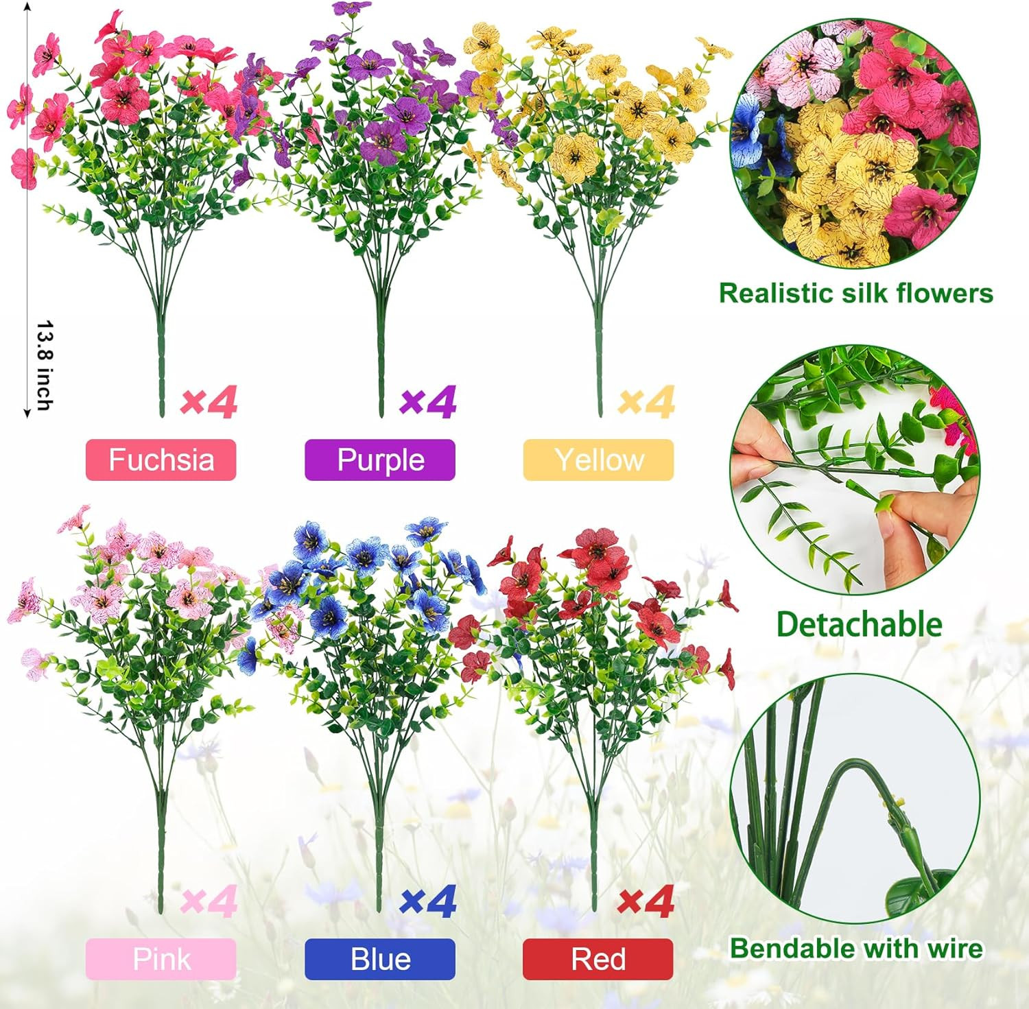 Ouddy Decor 24 Bundles Artificial Flowers for Outdoors Fake Silk Flowers UV Resi