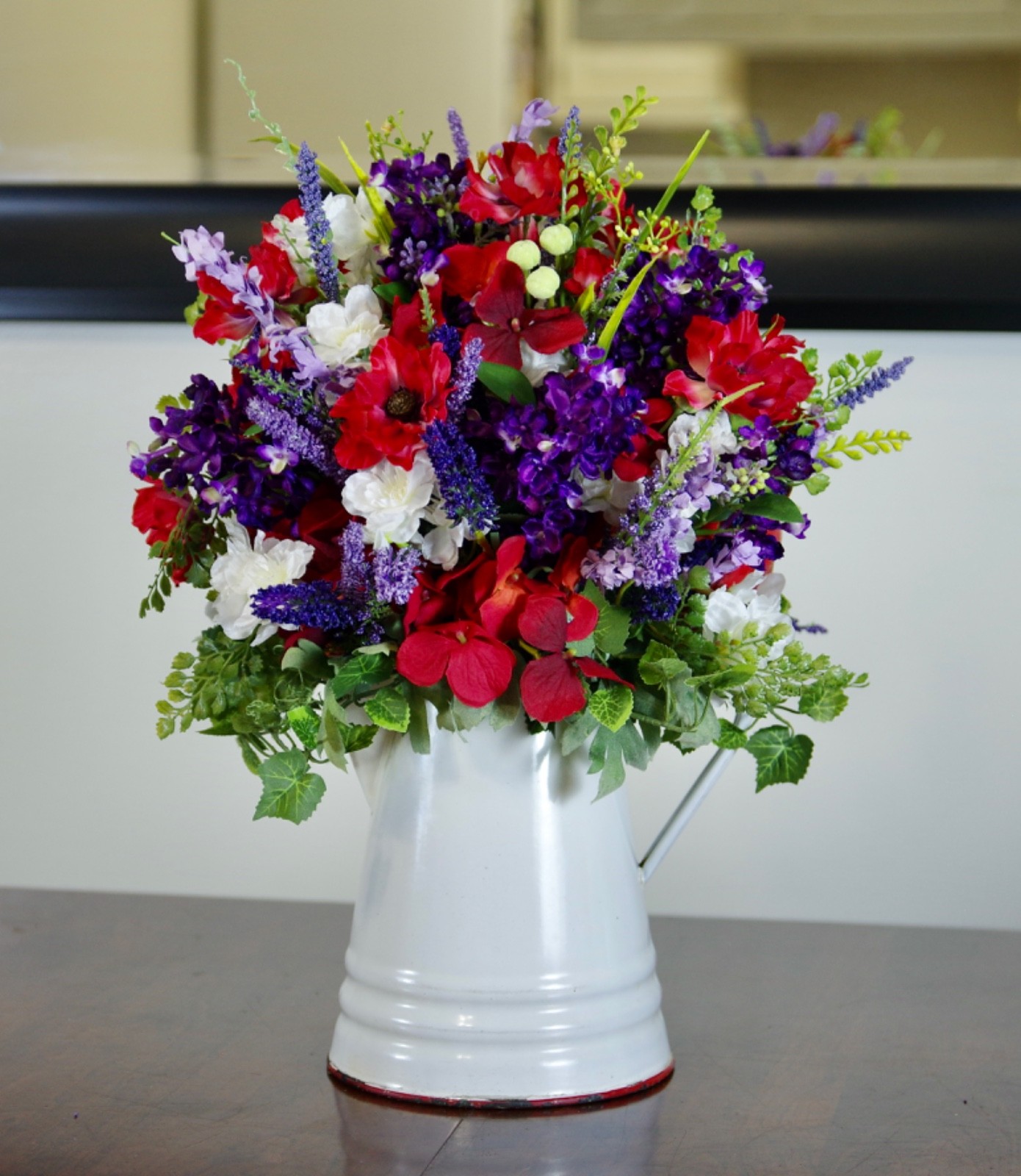 Silk Red and Purple Arrangement in Vintage Enamel Red & White Cowboy Coffee Pot