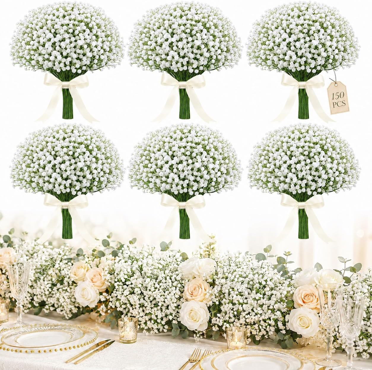150Pcs White Baby’S Breath Artificial Flowers Bulk for Weddings | Pure White Fau