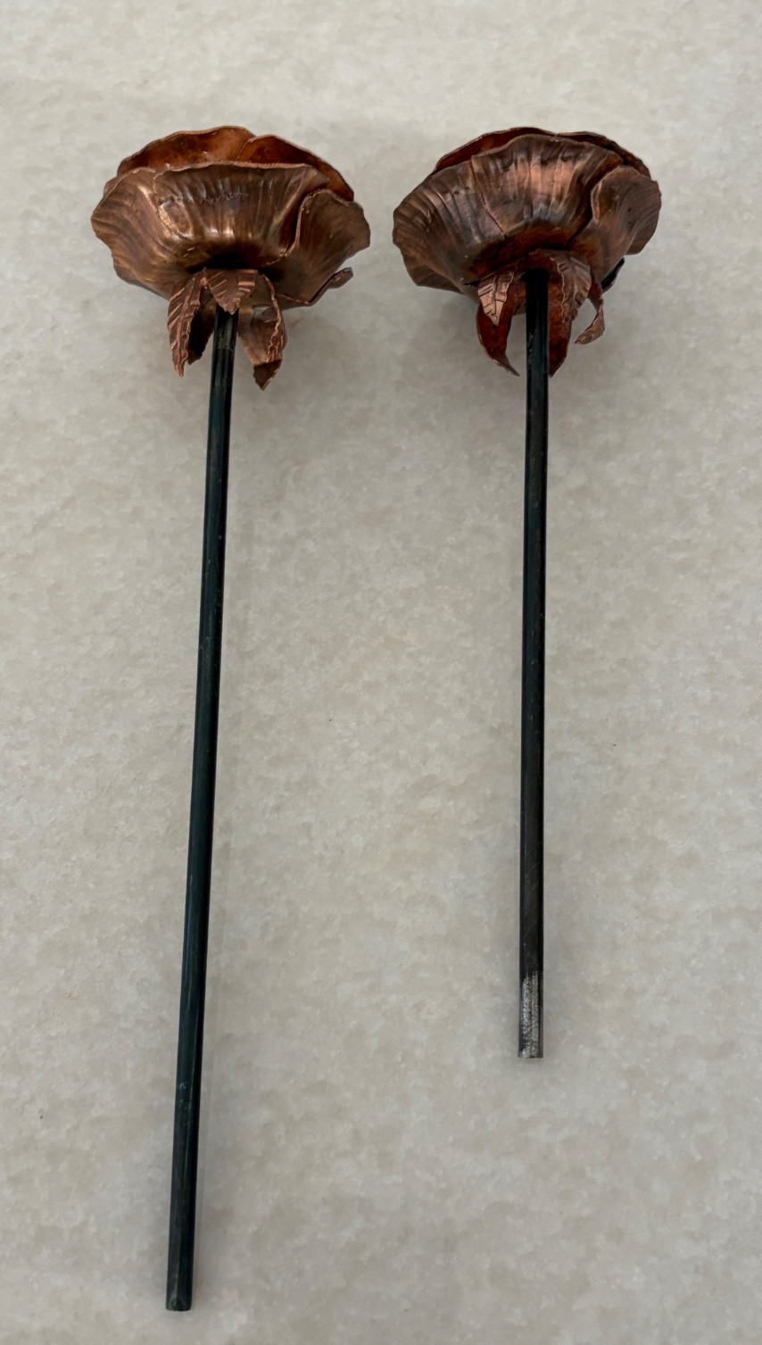 Copper-Tone Metal Rose Sculpture Pair 7” 9” Handcrafted Floral Decor