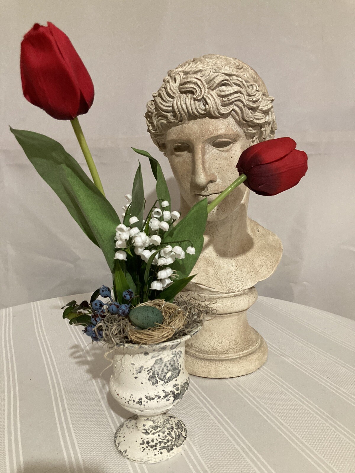 Red Tulips & Lily Of The Valley With Robin’s Nest Arrangement