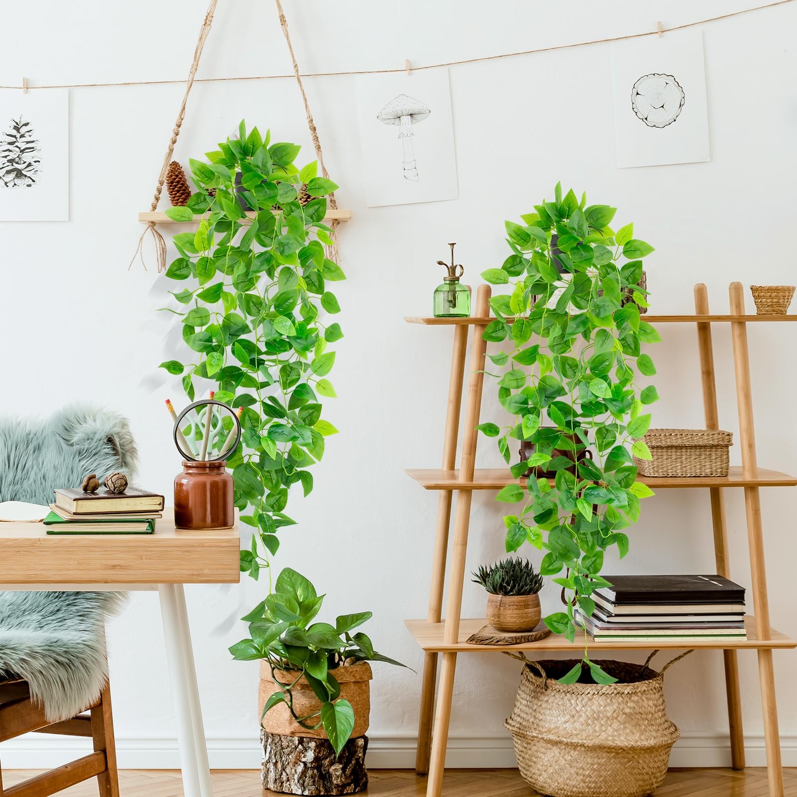 Artificial Hanging Plants with Black Pot, 39.37″ Faux Pothos Trailing Vines, …