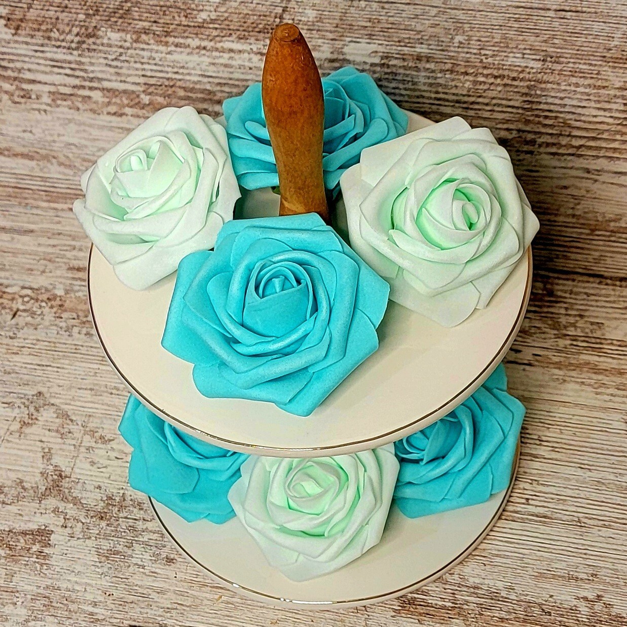 Three Teal Faux Roses with Stem for DIY Crafts, DIY & Party Decor, Tiered Trays