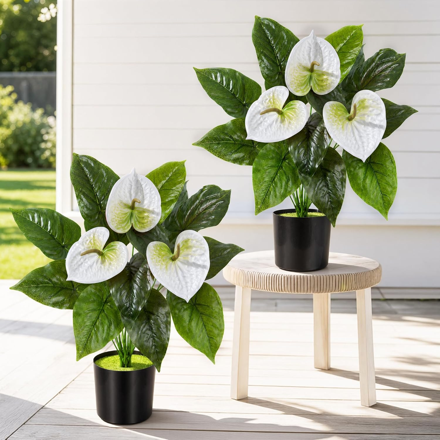 2 Pack Anthurium Artificial Flowers Plants with Pots for Indoor Outdoor Decorati