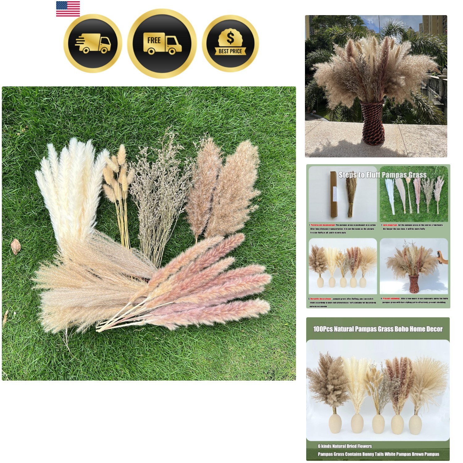 100Pcs Pampas Grass Boho Home Decor 17 inch Natural Dried Flowers-Pampas Gras…