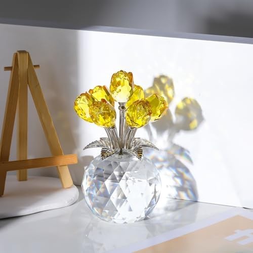 Ornalrist Crystal Yellow Rose Flower Collectible Figurine, Rose Bouquet Flora…