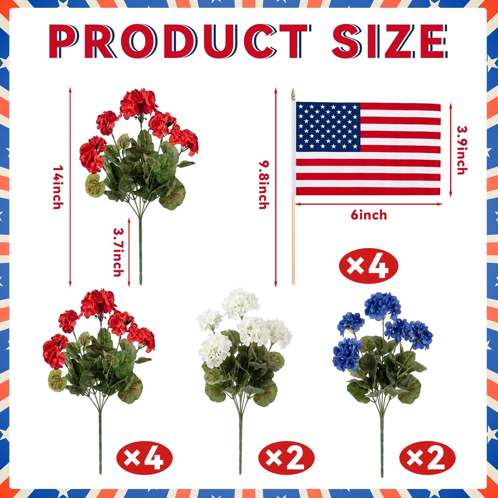 12 pcs Red White Blue Artificial Geraniums with Flag for Decoration